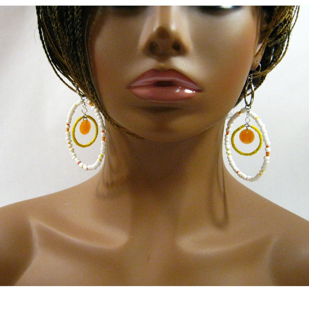 White Glass Beaded Mega double Hoop Boho Hippie style 3 inch Earrings